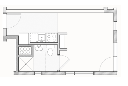 A floor plan of a small apartment with a kitchen, living room, and bathroom.